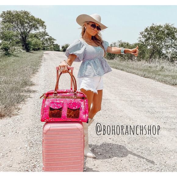 Boho Ranch Weekender Duffle Leather Hair On Cowhide Duffel Bag Brown and White - Picture 2 of 3